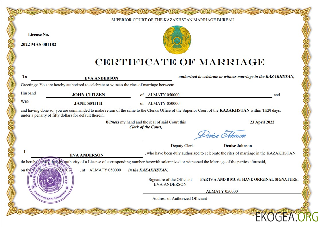 Modèle Word et PDF d'acte de mariage au Kazakhstan